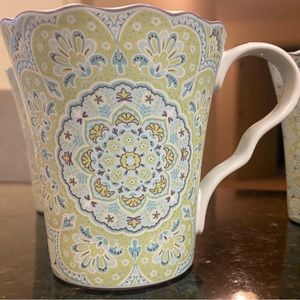 Set of 3 Lyria Teal 12 oz Coffee cups porcelain scalloped rims and handles EUC